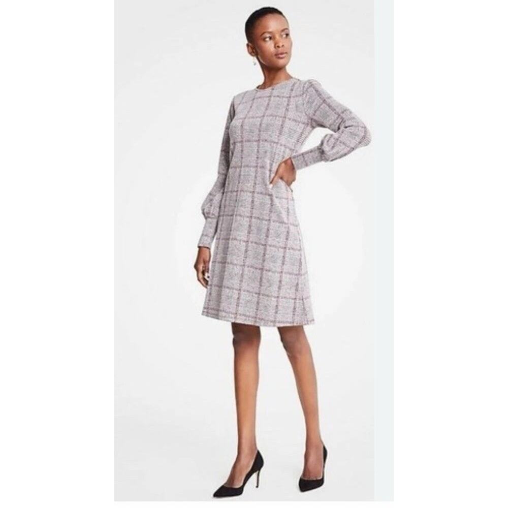 Ann Taylor Gray Wine Red Plaid Knit Cuffed Sleeve Shift Dress Size L